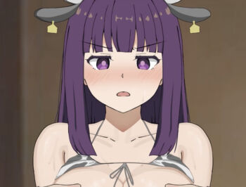 Rule 34 | 1girl, angry, animal ears, animal print, bikini, bikini top lift, blush, breasts, clothes lift, collarbone, cow ears, cow girl, cow horns, cow print, cow print bikini, fake animal ears, fake horns, fern (sousou no frieren), grabbing another's breast, groping, horns, large breasts, long hair, looking at viewer, open mouth, poa mellhen, print bikini, purple eyes, purple hair, sousou no frieren, standing, sweat, swimsuit, upper body, white bikini