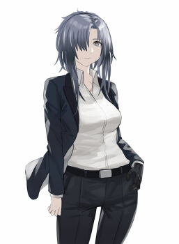 1girl angelia_(girls&#039;_frontline) asakiri_koko belt black_jacket breasts commentary_request girls&#039;_frontline grey_eyes grey_hair hair_over_one_eye highres jacket large_breasts long_hair looking_at_viewer mechanical_hands simple_background single_mechanical_hand solo white_background