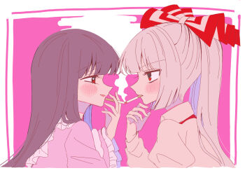 2girls blush bow brown_hair cigarette cigarette_kiss collared_shirt commentary_request eye_contact frilled_shirt_collar frilled_sleeves frills fujiwara_no_mokou grey_hair grey_shirt hair_bow highres houraisan_kaguya long_hair long_sleeves looking_at_another multiple_girls open_mouth paint_chat_(medium) red_eyes shirt smile smoke smoking suspenders tamiko_(tamik0224) touhou yuri