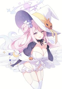 1girl absurdres angel_wings blue_archive blush breasts bridal_gauntlets cleavage commentary crescent feathered_wings flower gradient_hair hair_bun hair_flower hair_ornament hat highres large_breasts leaning_forward leotard low_wings mika_(genshin_impact) misyune multicolored_hair open_mouth pink_hair pumpkin_hat_ornament purple_flower simple_background single_hair_bun single_side_bun smile solo white_background white_hair white_hat white_leotard white_wings wing_ornament wings witch_hat yellow_eyes