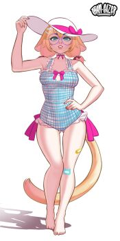 1girl absurdres animal_ears bandaid bandaid_on_leg blonde_hair blue_eyes bow cat_ears cat_girl cat_tail controller_hair_ornament feet glass glasses hair_between_eyes hat highres indie_virtual_youtuber lumpystilskin52 minikomew one-piece_swimsuit pink_bow purple-framed_eyewear round_eyewear shadow solo standing sun_hat swimsuit tail twintails virtual_youtuber white_background