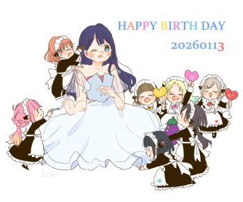 Rule 34 | > <, 6+girls, :d, :o, ;d, anyoji hime, applying another's manicure, bare shoulders, black hair, blonde hair, blue eyes, blue hair, blue nails, blue shirt, bob cut, brown hair, ceras yanagida lilienfeld, chibi, cho toutoi love, commentary request, dated, flower, flower knot, gradient hair, grey hair, hair flower, hair ornament, hand fan, hand fan writing, happy birthday, hinoshita kaho, holding, holding fan, jellyfish cut, kachimachi kosuzu, kase (ks lys), katsuragi izumi, link! like! love live!, long hair, long skirt, love live!, medium hair, momose ginko, multicolored hair, multiple girls, murano sayaka, nail polish, one eye closed, open mouth, orange hair, osawa rurino, paper fan, pink hair, rabbit hair ornament, shirt, short hair, simple background, skirt, smile, twintails, uchiwa, virtual youtuber, white background, white skirt, xd