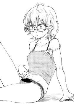 Rule 34 | 1girl, absurdres, ahoge, arm support, bare arms, bare shoulders, bra strap, breasts, camisole, closed mouth, commentary request, ero kingdom ceo, glasses, greyscale, hatching (texture), highres, jimiko, linear hatching, monochrome, navel, original, panties, pinching, short hair, simple background, sitting, small breasts, small sweatdrop, solo, strap slip, underwear, weight conscious