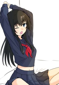 Rule 34 | 1girl, absurdres, black hair, blue eyes, commentary request, highres, long hair, looking at viewer, neckerchief, one eye closed, open mouth, red neckerchief, sakugawa school uniform, saten ruiko, school uniform, serafuku, skirt, solo, toaru kagaku no railgun, toaru majutsu no index, yorishiro la