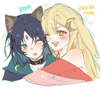 2girls animal_ears blonde_hair blush character_name cho_kaguya-hime! commentary crescent crescent_pin fox_ears green_eyes heads_together heart hug kaguya_(cho_kaguya-hime!) long_hair mlllhu3 multiple_girls one_eye_closed open_mouth orange_eyes purple_hair rabbit_ears sakayori_iroha short_hair smile symbol-only_commentary white_background yuri