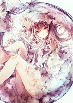 Rule 34 | 1girl, absurdres, bow, breasts, commentary request, crescent, crescent hat ornament, dress, hair bow, hat, hat ornament, highres, kamu kotan, long hair, long sleeves, looking at viewer, medium breasts, mob cap, open mouth, patchouli knowledge, purple dress, purple eyes, purple hair, purple hat, solo, striped clothes, striped dress, touhou, vertical-striped clothes, vertical-striped dress, wide sleeves