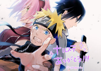 1girl 2boys black_hair blonde_hair blue_eyes clenched_teeth commentary_request forehead_protector green_eyes haruno_sakura holding holding_sword holding_weapon konohagakure_symbol looking_at_viewer multiple_boys naruto_(series) naruto_shippuuden pink_hair red_eyes short_hair spiked_hair sword t0m0mile teeth translation_request twitter_username uchiha_sasuke upper_body uzumaki_naruto weapon