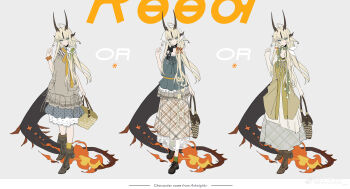 Rule 34 | 1girl, absurdres, ahoge, arknights, bag, blonde hair, blunt bangs, brown horns, chinese commentary, commentary request, dragon girl, dragon horns, dragon tail, dress, english text, fire, flame-tipped tail, green eyes, highres, holding, holding bag, horns, layered dress, long hair, multiple views, reed (arknights), reed the flame shadow (arknights), tail, very long tail, watermark, weibo username, weibo watermark, white dress, z3zz4