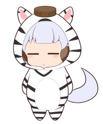 Rule 34 | 1girl, :o, animal costume, animal ears, animal print, blush stickers, brown hat, chibi, closed eyes, ear covers, facing viewer, fake animal ears, full body, gold ship (umamusume), gomashio (goma feet), grey hair, hat, hood, hood up, horse tail, mini hat, parted lips, simple background, solo, standing, tail, umamusume, white background, zebra costume, zebra ears, zebra print