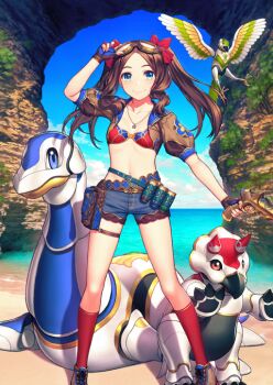 1girl adjusting_eyewear arm_up beach belt bikini bikini_bottom_under_shorts bikini_under_clothes blue_eyes blue_sky bow breasts brown_gloves brown_jacket brown_shoes closed_mouth cloud collarbone cropped_jacket denim denim_shorts dinosaur fate/grand_order fate_(series) feet_out_of_frame fingerless_gloves game_cg gloves goggles goggles_on_head gun hair_bow hand_on_eyewear handgun holding holding_gun holding_weapon horizon jacket jewelry kneehighs legs_apart leonardo_da_vinci_(fate) leonardo_da_vinci_(fate/grand_order) leonardo_da_vinci_(rider)_(fate) leonardo_da_vinci_(swimsuit_ruler)_(fate) long_hair looking_at_viewer navel non-humanoid_robot ocean official_art open_clothes open_jacket outstretched_arm parted_bangs pendant plesiosaur pouch puffy_short_sleeves puffy_sleeves red_bikini red_bow red_socks robot robot_animal robot_bird sand shoelaces shoes short_shorts short_sleeves shorts sidelocks simosi sky small_breasts smile socks solo standing swimsuit thigh_pouch thigh_strap third-party_source triceratops trigger_discipline twintails weapon