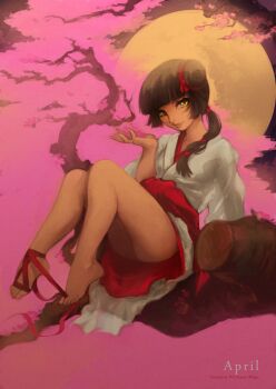 1girl asymmetrical_hair bad_id bad_tumblr_id barefoot brown_hair cherry_blossoms diana_jakobsson female_focus full_moon hair_bun in_tree japanese_clothes lips looking_at_viewer making-of_available miyu_(vampire_princess_miyu) moon no_panties pinup_(style) side_ponytail single_hair_bun sitting sitting_in_tree solo toes tree vampire_princess_miyu yellow_eyes