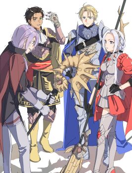1girl 3boys armor arrow_(projectile) axe blue_eyes boobplate bow_(weapon) breastplate cape claude_von_riegan dark-skinned_male dark_skin dimitri_alexandre_blaiddyd edelgard_von_hresvelg fire_emblem fire_emblem:_three_houses fire_emblem_warriors:_three_hopes gloves green_eyes grey_gloves grey_hair hand_on_own_hip highres holding holding_axe holding_bow_(weapon) holding_polearm holding_weapon long_hair multiple_boys nanao_parakeet nintendo official_alternate_costume official_alternate_hairstyle polearm purple_hair red_cape short_hair simple_background spear weapon white_background yuri_leclerc