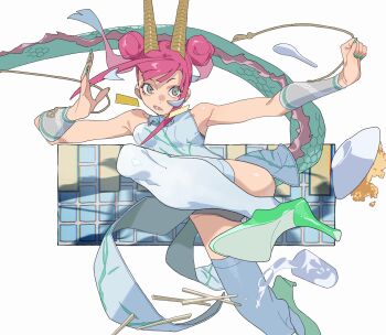 Rule 34 | 1girl, absurdres, aqua nails, bare shoulders, bowl, chinese clothes, chopsticks, commentary request, double bun, dragon, dragon girl, dragon tail, dress, eastern dragon, fighting stance, glass, hair bun, high heels, highres, himuro yukichiko, incoming attack, looking at viewer, nail polish, open mouth, original, panties, panty peek, pelvic curtain, pink hair, side slit, sleeveless, sleeveless dress, solo, tail, thighhighs, thighs, underwear, white dress, white thighhighs, wristband