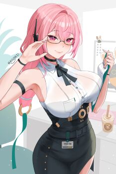 1girl absurdres adapted_costume arm_strap armpits artist_name bare_shoulders black-framed_eyewear black_bra black_ribbon black_skirt blush bra bra_visible_through_clothes button_gap clipboard closed_mouth collared_shirt commentary earpiece english_commentary fingernails hair_between_eyes high-waist_skirt highres holding holding_clipboard id_card indoors looking_at_viewer massoukei nail_polish neck_ribbon pink_eyes pink_hair pink_nails ribbon semi-rimless_eyewear shirt skirt sleeveless sleeveless_shirt smile solo sweat tsukishiro_yanagi under-rim_eyewear underwear white_shirt zenless_zone_zero