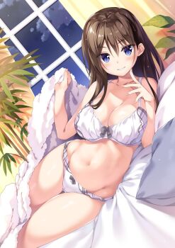 1girl bed bed_sheet bedroom blush bra breasts brown_hair curtains large_breasts leaf long_hair nails navel night original oryo_(oryo04) pillow smile teeth underwear white_bra window