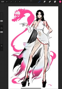 1girl art_program_in_frame black_hair black_shoes blue_eyes boa_hancock closed_mouth commentary_request earrings elbow_gloves full_body gloves hand_on_own_hip high_heels highres jewelry long_hair mrjieshisu navel one_piece pointing salome_(one_piece) shoes sketch snake snake_earrings white_gloves