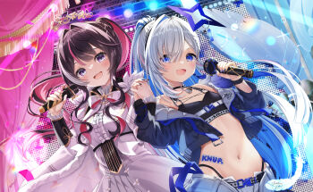 2girls absurdres amane_kanata amane_kanata_(lock_on) asymmetrical_clothes azki_(hololive) azki_(prima_diva)_(hololive) belt black_choker black_hair black_sports_bra blush braid breasts choker collarbone collared_dress colored_inner_hair commentary_request concert dress earrings frilled_dress frills gold_trim grey_hair hair_between_eyes hair_ornament halo highres holding holding_hands holding_microphone hololive jewelry long_hair long_sleeves looking_at_viewer microphone multicolored_hair multicolored_nails multiple_girls nail_art nail_polish navel official_alternate_costume official_alternate_hair_length official_alternate_hairstyle one_eye_closed open_mouth pink_eyes pink_hair pink_streaks ponytail purple_eyes purple_hair purple_nails shirt single_hair_intake small_breasts smile sports_bra star_halo sticker_on_stomach streaked_hair tears tilted_halo virtual_youtuber white_dress yukikawa_sara