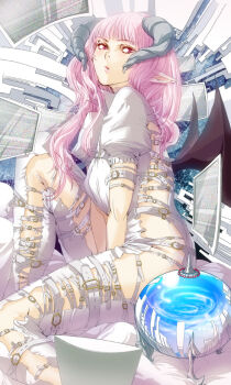 1girl armlet belt belt_buckle buckle demon_girl demon_wings female_focus horns jewelry long_hair looking_back orb original pink_hair pointy_ears puffy_sleeves pursed_lips red_eyes screen sitting solo static tanupo wavy_hair wings