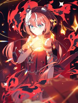 1girl animal_ears auklet5580 breasts closed_mouth commentary_request fire gloves glowing green_eyes hair_between_eyes hair_ornament highres horse_girl long_hair looking_at_viewer low_twintails ribbon simple_background sleeveless small_breasts solo twintails umamusume win_variation_(umamusume)