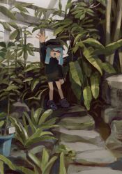 Rule 34 | 1girl, ^ ^, blue hair, closed eyes, commentary, full body, greenhouse, highres, inkling, inkling girl, inkling player character, kaxk x, long hair, nintendo, open mouth, plant, pointy ears, smile, solo, splatoon (series), standing, symbol-only commentary, tentacle hair, waving