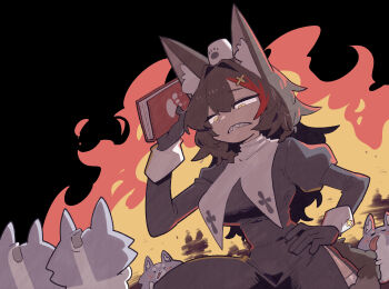 1girl alternate_costume animal_ear_fluff animal_ears black_background black_dress black_gloves black_hair closed_mouth cocomayo29_(tomato) dress fangs fire gloves highres hololive looking_at_viewer miofa_(ookami_mio) nun ookami_mio red_streaks virtual_youtuber wolf_ears wolf_girl yellow_eyes