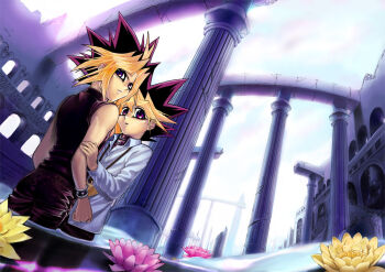 Rule 34 | 2boys, architecture, arms at sides, back, bare arms, bare shoulders, belt collar, black pants, black shirt, blonde hair, bloom, blue sky, bracelet, brown hair, closed mouth, cloud, collar, commentary request, cowboy shot, dual persona, face-to-face, flower, flower request, from behind, from below, hand on another's arm, hari (quartzshow), height difference, jewelry, long sleeves, looking back, male focus, millennium puzzle, multicolored hair, multiple boys, muto yugi, outdoors, pants, parted lips, partially submerged, pillar, pink flower, purple eyes, red eyes, refraction, scenery, selfcest, shirt, sky, sleeveless, sleeveless shirt, spiked bracelet, spiked hair, spikes, two-tone hair, vanishing point, water, waves, white shirt, yami yugi, yaoi, yellow flower, yu-gi-oh!