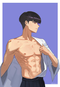 1boy 8083_blue abs black_hair border bowl_cut bright_pupils closed_mouth dressing hakama highres hoshina_soshiro japanese_clothes kaijuu_no._8 looking_to_the_side male_focus nipples pectorals purple_background red_eyes shirt shredded_muscles simple_background solo toned toned_male white_border white_pupils white_shirt