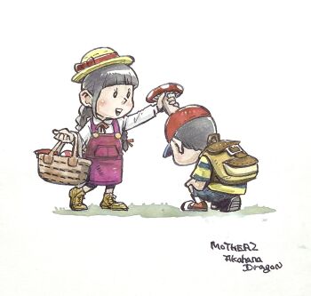 1boy 1girl akahanadragon backpack bag baseball_cap basket black_hair blush boots braid collared_shirt hair_ribbon hat hat_ribbon kneeling long_hair mother_(series) mother_2 mushroom mushroom_on_head neck_ribbon ness_(mother_2) nintendo open_mouth overalls ribbon shirt shoes shorts smile sneakers straw_hat striped_clothes striped_shirt twin_braids