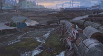 1girl apron black_dress black_shoes braid braided_hair_rings brown_hair bun_cover city commentary double_bun dress english_commentary hair_bun hair_rings highres industrial_pipe instrument instrument_case kneehighs landscape mary_janes original puddle railroad_tracks rocket scenery shanchi shoes single_shoe sitting socks solo steam train trumpet unworn_shoes water white_apron wide_shot