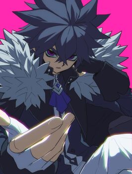 Rule 34 | 1boy, aotu world, ascot, black gloves, black hair, black jacket, black shirt, blue ascot, brooch, crossed legs, fingerless gloves, fur-trimmed jacket, fur trim, gloves, hair between eyes, head rest, highres, jacket, jewelry, long sleeves, looking at viewer, male focus, official alternate costume, outstretched hand, pants, parted lips, pink background, pointy ears, purple eyes, ray (aotu world), ray (thunder emperor) (aotu world), rnlcksmaalcls, shirt, simple background, sitting, solo, spiked hair, white gloves, white pants