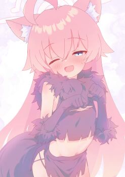 1girl :d absurdres ahoge alternate_costume animal_ear_fluff animal_ears black_shirt black_skirt blue_archive blue_eyes blush breasts clothing_cutout commentary cosplay dot_nose elbow_gloves fang fur-trimmed_gloves fur_trim gloves hair_between_eyes half-closed_eyes halloween halo hands_up highres hip_vent hoshino_(blue_archive) huge_ahoge kazusa_(blue_archive) kazusa_(blue_archive)_(cosplay) kazusa_(halloween)_(blue_archive) kemonomimi_mode ks_aya_(gztm4838) loli long_hair looking_at_viewer navel one_eye_closed open_mouth pink_hair pink_halo shirt skin_fang skirt small_breasts smile solo standing sweadrop thighs torn_clothes torn_shirt torn_skirt very_long_hair