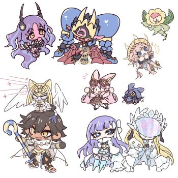 cendrillmon character_request chiropmon copyright_request crown digimon digimon_(creature) mask medusamon nefertimon simple_background snake snake_hair sunflowmon white_background yagi_kiki