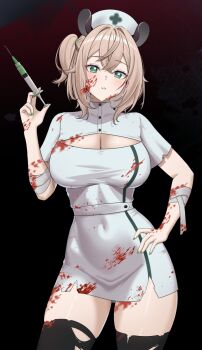 1girl animal_ears black_background black_thighhighs blood blood_in_hair blood_on_arm blood_on_clothes blood_on_face bloody_clothes bloody_dress blush breasts brown_hair cleavage contrapposto cross cross_print dress elazu fingernails green_eyes green_nails hair_between_eyes hat highres holding holding_syringe indie_virtual_youtuber large_breasts looking_at_viewer medium_hair nail_polish nimi_nightmare nurse one_side_up parted_lips short_sleeves solo syringe tapir_ears tapir_girl thighhighs thighs torn_clothes torn_thighhighs virtual_youtuber white_dress white_hat