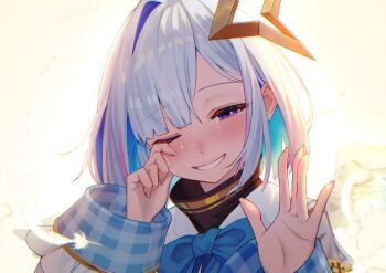 1girl ;d amane_kanata amane_kanata_(1st_costume) armband blue_bow blue_bowtie blue_hair bob_cut bow bowtie colored_inner_hair commentary cropped_jacket crying falling_feathers feathers grey_hair grey_jacket grin halo hands_up hololive jacket long_sleeves looking_at_viewer multicolored_hair one_eye_closed open_mouth pink_streaks purple_eyes sailor_collar sakumichi short_hair single_hair_intake sleeve_cuffs smile solo star_halo streaming_tears symbol-only_commentary tears tilted_halo turtleneck virtual_graduation_commemoration virtual_youtuber waving white_sailor_collar