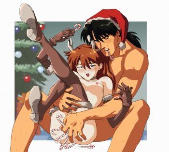 1boy 1girl amondetauro black_hair boots breasts brown_boots brown_gloves christmas christmas_tree commentary english_commentary gloves hetero highres kaji_ryouji neon_genesis_evangelion nipples nude object_insertion orange_hair small_breasts souryuu_asuka_langley vaginal vaginal_object_insertion