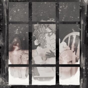 1boy 1girl ass bed bed_sheet blush bow candle closed_mouth clothes_pull completely_nude cowgirl_position father_and_daughter from_behind gloves greyscale hair_bow hair_over_one_eye hetero incest long_hair looking_at_another monochrome nokota_(roseary) nude original pants pants_pull penis roseary ryder_(roseary) sex short_hair snow straddling testicles window