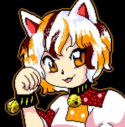 Rule 34 | 1girl, animal ears, bad id, bad twitter id, bell, black background, black choker, black wristband, brown hair, cat ears, choker, clenched hand, closed mouth, commentary, english commentary, goutokuji mike, light blush, luo qiangwei, multicolored hair, neck bell, orange eyes, orange hair, orange outline, parody, paw pose, pixel art, puffy short sleeves, puffy sleeves, shirt, short hair, short sleeves, simple background, slit pupils, smile, solo, streaked hair, style parody, tongue, tongue out, touhou, touhou (pc-98), upper body, white hair, white shirt, white sleeves