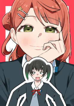 2girls :d absurdres asymmetrical_bangs black_hair black_jacket blazer blunt_bangs blush border braid bun_with_braided_base closed_mouth collared_shirt commentary constricted_pupils doujinshi_cover_trope_(trend) flustered goldluck gradient_hair green_eyes green_hair grey_sweater hair_bun hair_ornament hairpin hand_on_own_face head_rest heart heart_in_eye highres jacket love_live! love_live!_nijigasaki_high_school_idol_club medium_hair multicolored_hair multiple_girls neck_ribbon nervous_sweating nijigasaki_school_uniform open_clothes open_jacket open_mouth outline projected_inset red_border red_ribbon ribbon school_uniform shirt short_twintails single_hair_bun single_side_bun smile sweat sweater swept_bangs symbol_in_eye takasaki_yu twintails uehara_ayumu upper_body white_outline white_shirt