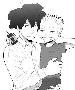 20th_century_fox 2boys age_difference annoyed bart_simpson carrying chawako_(spchawanmushi) child greyscale grin highres male_focus messy_hair monochrome multiple_boys shirt shorts sideshow_bob simple_background size_difference smile spiked_hair teeth the_simpsons white_background