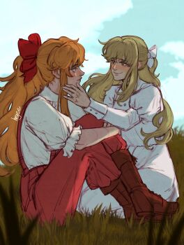 2girls aged_up blonde_hair blush boots bow brown_hair commentary dress elise_liedl english_commentary eye_contact good_end hair_bow hejee highres lebkuchen_(little_goody_two_shoes) little_goody_two_shoes long_hair long_sleeves looking_at_another multiple_girls orange_hair ponytail puffy_long_sleeves puffy_sleeves smile suspenders white_dress yuri