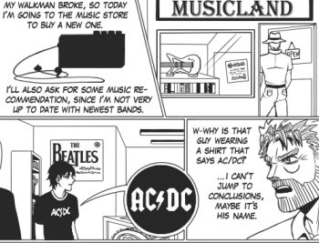 2boys acdc askjojos bad_id bad_tumblr_id cable comic covered_navel door english_text greyscale hard-translated jojo_no_kimyou_na_bouken joseph_joestar joseph_joestar_(old) lowres machinery monochrome multiple_boys name_connection pants plug pocket shirt sign silhouette source_request speech_bubble stardust_crusaders t-shirt talking the_beatles third-party_edit translated