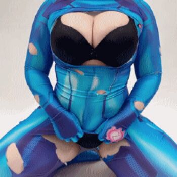 1girl animated animated_gif artist_name asian blue_bodysuit bodysuit breasts cosplay faceless faceless_female large_breasts lowres metroid nintendo photo_(medium) plump pulling real_life samus_aran samus_aran_(cosplay) solo tagme thick_thighs thighs torn_bodysuit torn_clothes underwear uyuy2907 white_background wide_hips zero_suit