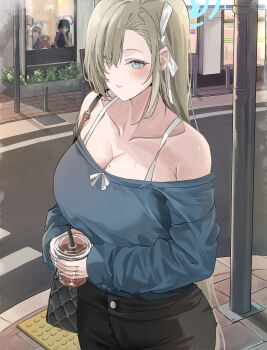 5girls absurdres ahoge akane_(blue_archive) asuna_(blue_archive) bag bare_shoulders black_hair black_halo black_shirt black_skirt blonde_hair blue_archive blue_eyes blue_halo blue_shirt blush breasts brown_hair brown_shirt cleaning_&amp;_clearing_(blue_archive) cleavage collarbone crosswalk cup dark-skinned_female dark_skin glasses hair_over_one_eye hair_ribbon halo handbag highres holding holding_cup holding_phone huge_ahoge karin_(blue_archive) large_breasts long_hair looking_at_viewer miz_blank mole mole_on_breast multiple_girls neru_(blue_archive) off-shoulder_shirt off_shoulder parted_lips peeking_out phone purple_halo red_eyes red_hair ribbon shirt short_hair skirt toki_(blue_archive) very_long_hair yellow_halo
