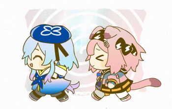 Rule 34 | > <, 1boy, 1girl, :d, ^ ^, ahoge, animal ears, animated, animated gif, arknights, artist name, black bow, black hairband, black jacket, black pantyhose, black shoes, black shorts, blue hair, blue hat, blue jacket, blue neckerchief, blush, bow, bracelet, cat ears, cat girl, cat tail, chibi, closed eyes, clothing cutout, creator connection, floppy ears, from side, goldenglow (arknights), hair bow, hair ornament, hairband, hairclip, hat, hood, hood down, hooded jacket, infection monitor (arknights), jacket, jewelry, lightning bolt print, mizuki (arknights), multicolored jacket, namie-kun, neckerchief, open mouth, pantyhose, pink hair, pink jacket, pink shoes, print bow, print hairband, profile, shoes, shorts, shoulder cutout, smile, tail, walking, white pantyhose