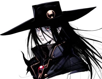 Rule 34 | 1boy, armor, black hair, black hat, closed mouth, coat, d (vampire hunter d), hat, highres, jewelry, long hair, male focus, necklace, pale skin, pointy ears, red eyes, screwbua, simple background, solo, upper body, vampire hunter d, very long hair