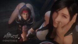 1boy 2girls all_fours animated artist_name ass bare_shoulders black_skirt black_sports_bra breasts brown_hair cum cum_in_mouth cum_on_body ejaculation facial final_fantasy final_fantasy_vii final_fantasy_vii_remake hand_on_another&#039;s_face handjob hetero jessie_rasberry large_breasts long_hair looking_at_viewer multiple_girls nithes penis pov red_eyes skirt smile sports_bra square_enix suspender_skirt suspenders tank_top thong tifa_lockhart tongue tongue_out twitter_username uncensored video white_tank_top