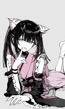 1boy animal_ear_fluff animal_ears black_hair cho_kaguya-hime! crossdressing crossdressing_(mtf) emio grey_background hand_on_own_face hashtag-only_commentary highres horns komazawa_noi long_hair male_focus multicolored_hair pink_eyes pink_hair pink_horns simple_background tongue tongue_out trap two-tone_hair