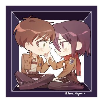 1boy 1girl black_footwear black_hair blush boots border breasts brown_hair brown_jacket chibi cropped_jacket eren_yeager green_eyes grey_eyes hair_between_eyes hand_on_another&#039;s_cheek hand_on_another&#039;s_face hetero highres holding_another&#039;s_wrist indian_style jacket kneeling long_sleeves medium_breasts mikasa_ackerman pants parted_lips red_scarf saori_hayami scarf shingeki_no_kyojin short_hair sitting stuck_in_a_box twitter_username white_border white_pants wide-eyed