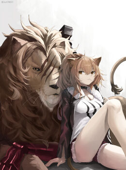 1girl absurdres animal animal_ears arknights bare_legs black_choker black_jacket blonde_hair breasts brown_eyes brown_hair candy choker cleavage commentary_request cutoffs feet_out_of_frame food fur-trimmed_jacket fur_trim gradient_background hair_between_eyes highres jacket jeon_(user_ywaw3774) knee_up large_breasts leather leather_jacket lion lion_ears lion_girl lion_tail lollipop long_hair long_sleeves looking_at_viewer mechanical_arms medium_breasts mouth_hold open_clothes open_jacket ponytail prosthesis prosthetic_arm red_shorts scar scar_on_face shirt short_shorts shorts sidelocks siege_(arknights) simple_background sitting solo studded_choker tail thighs twitter_username weapon white_background white_shirt