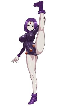 Rule 34 | 1girl, :<, bad link, black eyes, boots, breasts, cameltoe, covered erect nipples, dc comics, forehead jewel, full body, highres, kneepits, large breasts, leotard, long sleeves, looking at viewer, nisetanaka, pale skin, purple footwear, purple hair, purple leotard, raven (dc), short hair, simple background, sleeved leotard, standing, standing on one leg, teen titans, v-shaped eyebrows, white background